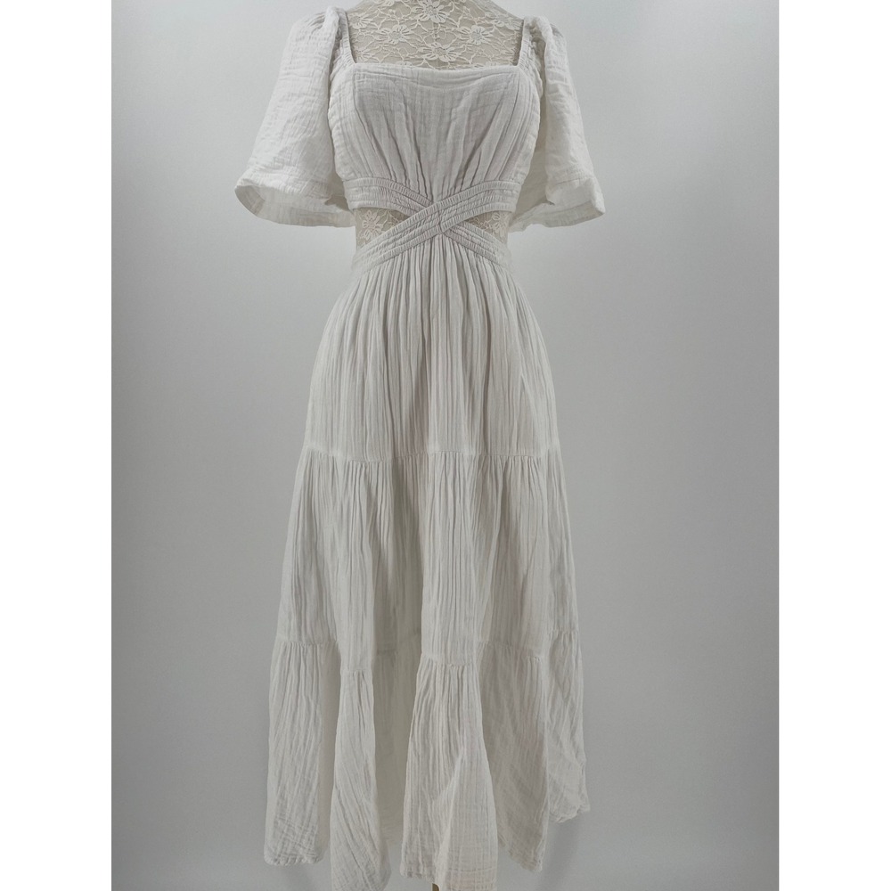 Elan White Cotton Gauze Cutout Smocked Tiered Midi Dress DG5885 Small